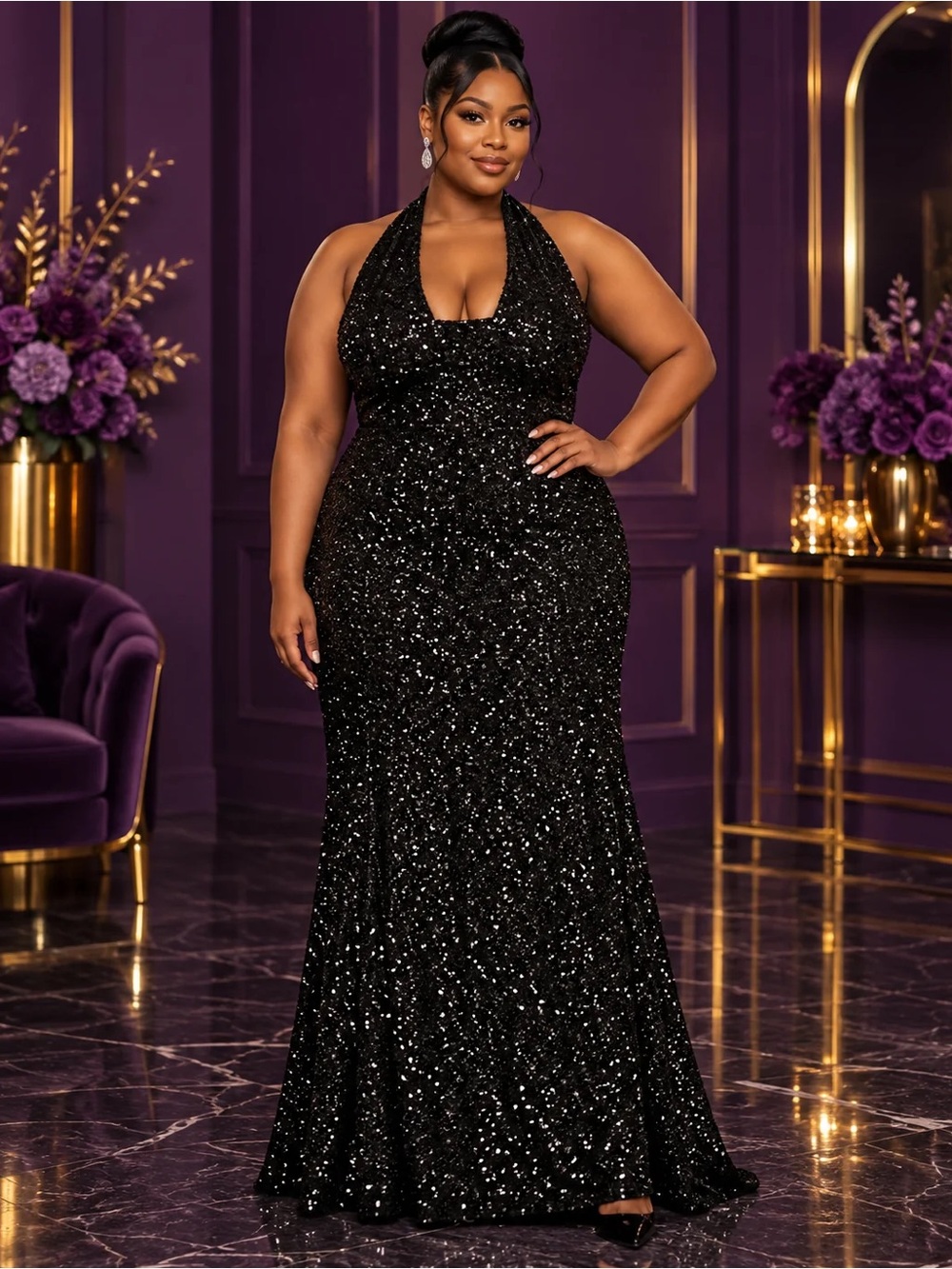 Plus Size Black Sequin Halter Evening Gown